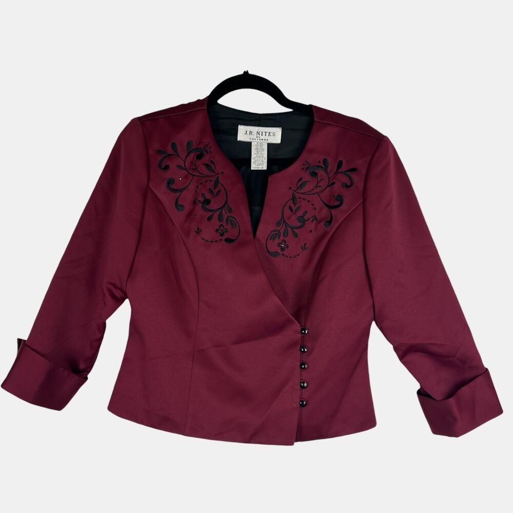 J.R.‎ Nites Jacket Womens 10 Burgundy Satin Embroidered Beaded Evening Blazer